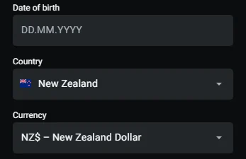 Registration fields for date of birth, country New Zealand and currency NZD